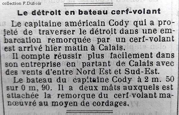 1er article du Phare de Calais Arrivée de Cody à Calais