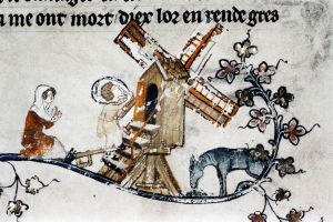 Enluminure du moyen-âge représentant un moulin. Enluminure du moyen-âge représentant un moulin.