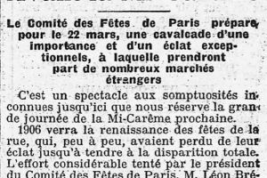 Article de presse sur la cavalcade de la mi-carême en 1906 à Paris Article de presse sur la cavalcade de la mi-carême en 1906 à Paris